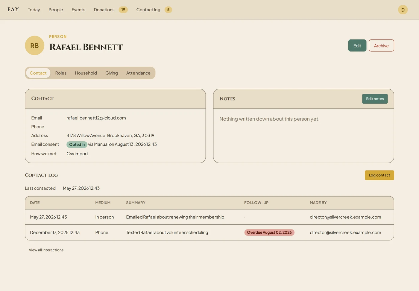 A person page in Fay showing contact details, email consent, how we met, and a contact log with an overdue follow-up flagged.